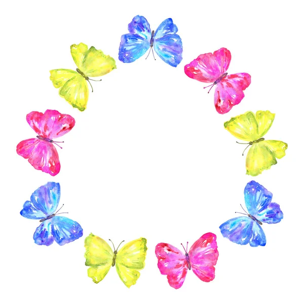 丸いフレーム。カラフルな蝶:黄色、ピンク、青。●手描き水彩イラスト。白い背景に隔離. — ストック写真