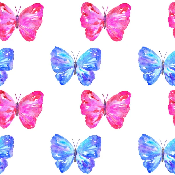 Seamless pattern with colorful blue and pink butterflies. Hand drawn watercolor illustration. Texture for print, fabric, textile, wallpaper. — Stock Photo, Image