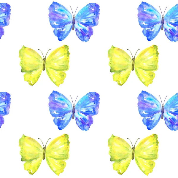 Patrón sin costuras con coloridas mariposas amarillas y azules. Ilustración acuarela dibujada a mano. Textura para imprimir, tela, textil, papel pintado . — Foto de Stock