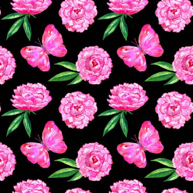 Şakayık ve pembe kelebek ile dikişsiz desen. Elle çizilmiş suluboya illüstrasyon. Baskı, kumaş, tekstil, duvar kağıdı için doku. Siyah arka planda