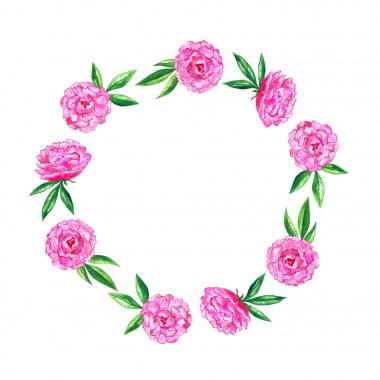 Parlak pembe şakayıklar. Yuvarlak çiçek çerçevesi. Suluboya el çizilmiş illüstrasyon.