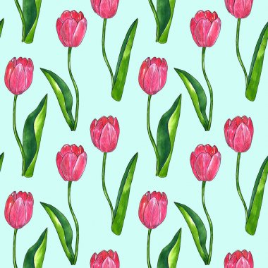 Yapraklı kırmızı pembe laleler. Kusursuz desen. Baskı, kumaş, tekstil, duvar kağıdı için doku. El çizilmiş suluboya ve mürekkep illüstrasyon mavi