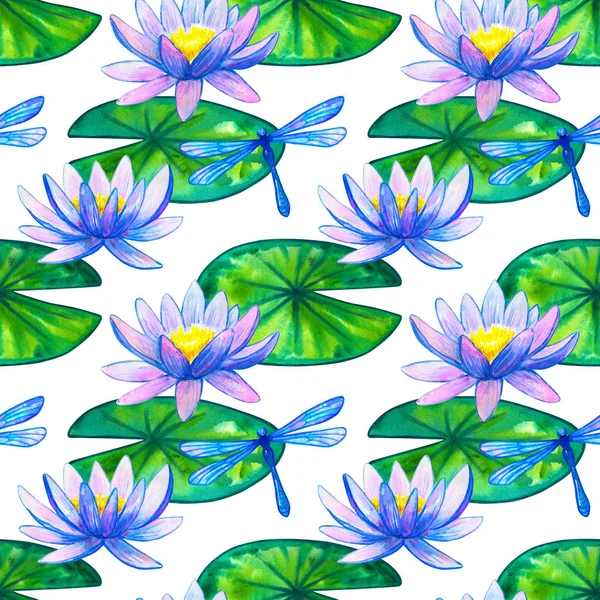 Seamless pattern. Blue pink water lilies on green leaves and dragonfly. Hand drawn watercolor illustration. On white background.