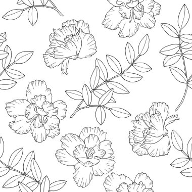 Soyut çiçekler ve yapraklı dallar. Vektör illüstrasyon. Kusursuz desen. Çizgi sanat stilinde elle çizilmiş mürekkep çizimi. Baskı, kumaş, tekstil, duvar kağıdı için doku.