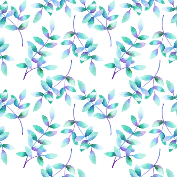 Vackra grenar med gröna lila blå blad. Sömlöst mönster. Handritad akvarell illustration. Textur för tryck, tyg, textil, tapet. — Stockfoto