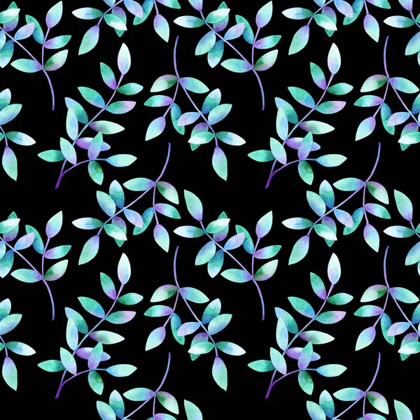Прекрасні гілки з зеленим фіолетовим синім листям. Безшовні візерунки. Ручна намальована акварельна ілюстрація. Текстура для друку, тканини, текстилю, шпалер . — стокове фото