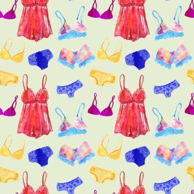 Kadın için iç çamaşırı ve iç çamaşırı ile Dikişsiz desen. Elle çizilmiş suluboya illüstrasyon. Baskı, kumaş, tekstil, duvar kağıdı için doku.
