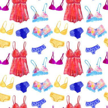 Kadın için iç çamaşırı ve iç çamaşırı ile Dikişsiz desen. Elle çizilmiş suluboya illüstrasyon. Baskı, kumaş, tekstil, duvar kağıdı için doku.
