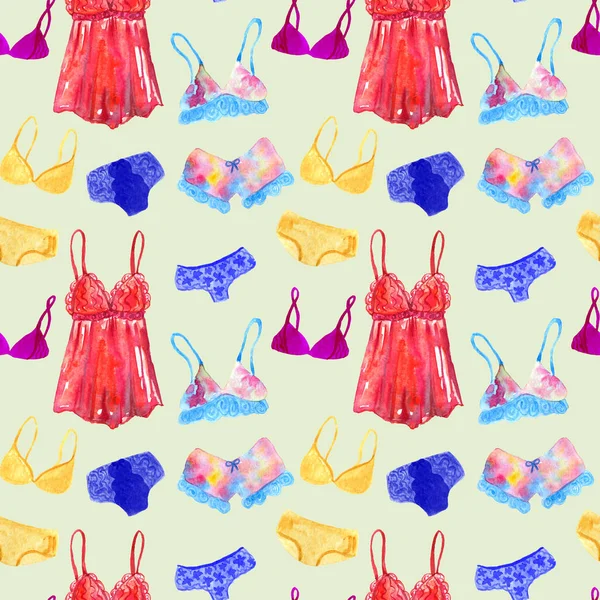 Seamless pattern with underwear and lingerie for woman. Hand drawn watercolor illustration. Texture for print, fabric, textile, wallpaper. — Stock Photo, Image