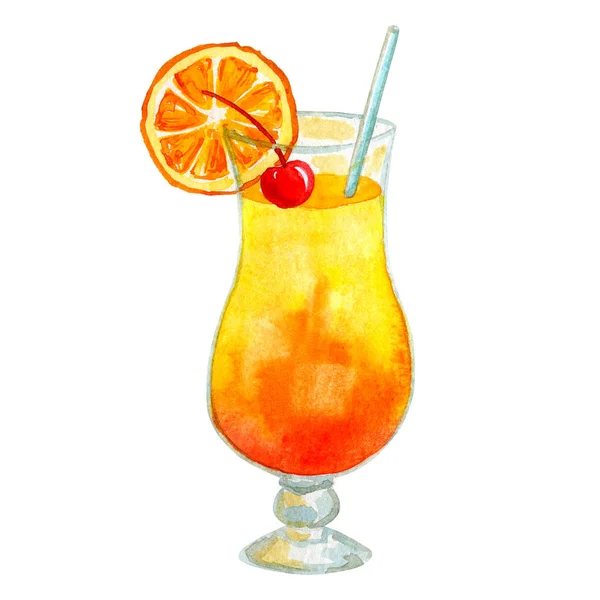Yellow orange cocktail sunrise with orange and cherry. Hand drawn watercolor illustration. Isolated on white background. — Stock Photo, Image