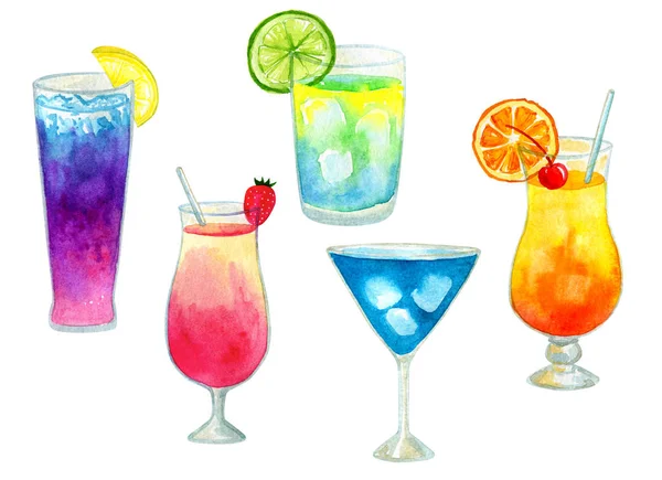 Zestaw lub zbiór różnych kolorowych letnich jasnych koktajli z owocami. Ręcznie rysowane akwarela ilustracji. Izolowane na białym tle. — Zdjęcie stockowe