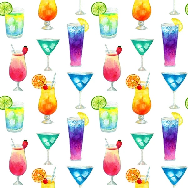 Semless pattern with different colorful summer bright cocktails with fruits. Hand drawn watercolor illustration. Texture for print, fabric, textile, wallpaper.