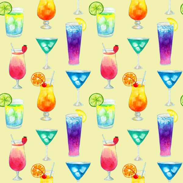 Semless pattern with different colorful summer bright cocktails with fruits. Hand drawn watercolor illustration. Texture for print, fabric, textile, wallpaper. — Stock Photo, Image