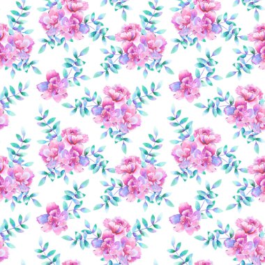 Güzel mor pembe çiçekler ve yeşil mor dalları. Floral Dikişsiz desen. El çizilmiş suluboya illüstrasyon. Baskı, kumaş, tekstil, duvar kağıdı için doku.