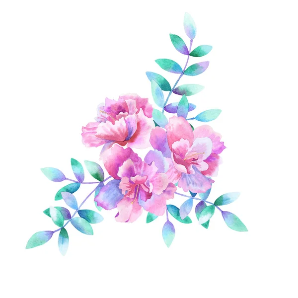 Krásná kytice fialových růžových květin a zelených fialových větví. Ručně vykreslené akvarel. Izolované na bílém pozadí. — Stock fotografie