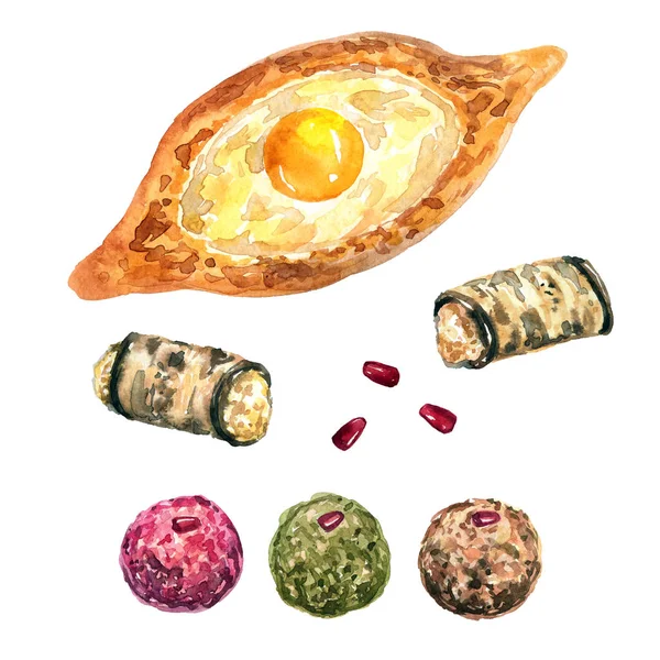 Georgiansk mat. Adzjarien Khachapuri. Aubergine rullar med ost och vitlök. Grönsaks bollar med granatäpple. Handritad akvarell illustration. Isolerad på vit bakgrund. — Stockfoto