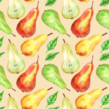 Kırmızı, yeşil, sarı armutlar. Kusursuz desen. Elle çizilmiş suluboya illüstrasyon. Baskı, kumaş, tekstil, duvar kağıdı için doku.
