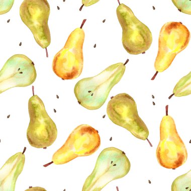 Yeşil, sarı armutlar. Kusursuz desen. Elle çizilmiş suluboya illüstrasyon. Baskı, kumaş, tekstil, duvar kağıdı için doku.