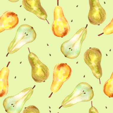 Yeşil, sarı armutlar. Kusursuz desen. Elle çizilmiş suluboya illüstrasyon. Baskı, kumaş, tekstil, duvar kağıdı için doku.