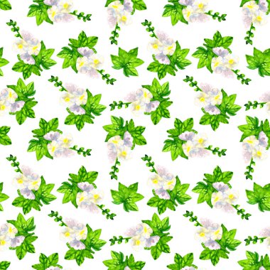 Yapraklı beyaz ebegümeci. Kusursuz desen. Elle çizilmiş suluboya illüstrasyon. Baskı, kumaş, tekstil, duvar kağıdı için doku.