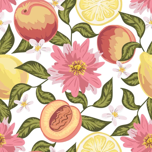 Mooi naadloos patroon met perzik, citroen, bloemen en bladeren. Kleurrijke hand getekend vector illustratie. Textuur voor bedrukking, stof, textiel, behang. — Stockvector