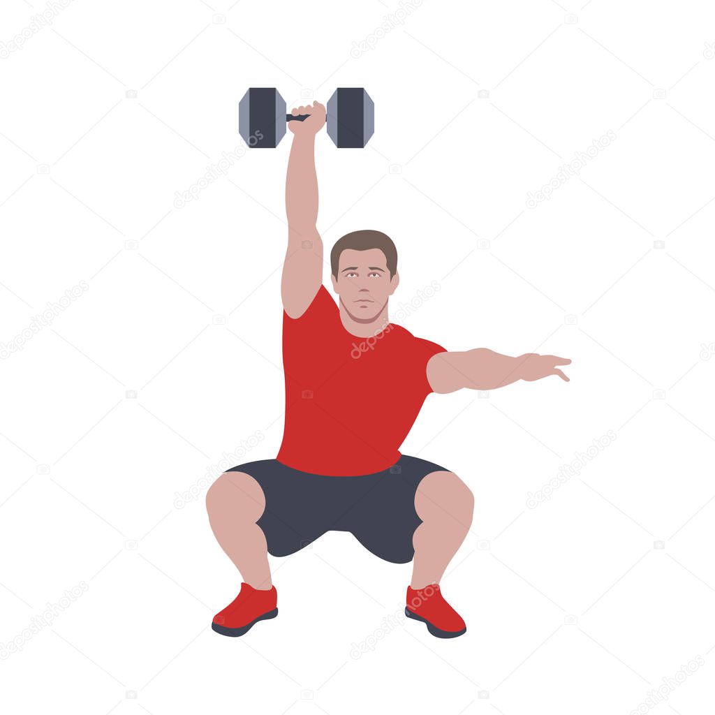 CrossFit workout training for open games championship. Sport man training one arm dumbbell snatch squat exercise in the gym for healthy beautiful body shape motivation.