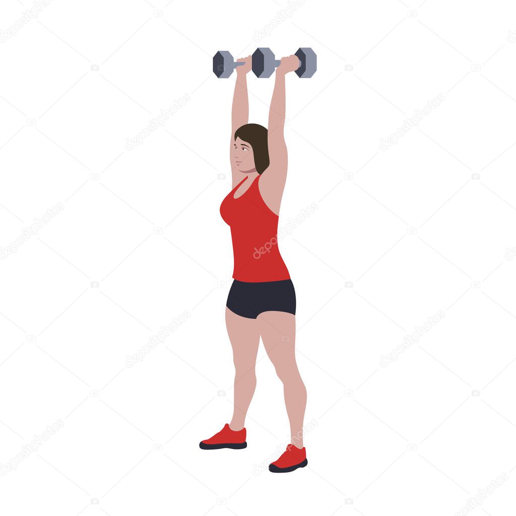 CrossFit workout training for open games championship. Sport woman training two dumbbell snatch push press exercise in the gym for healthy beautiful body shape motivation.