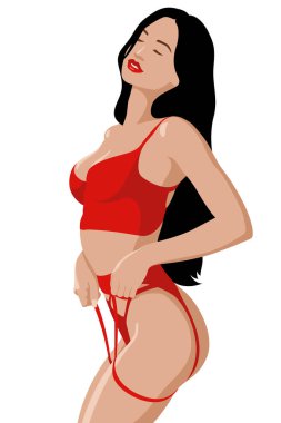 Ateşli kırmızı seksi iç çamaşırlı güzel kadın. Mağaza, sosyal medya, çıkartmalar, afişler ve web siteleri için müthiş bir illüstrasyon