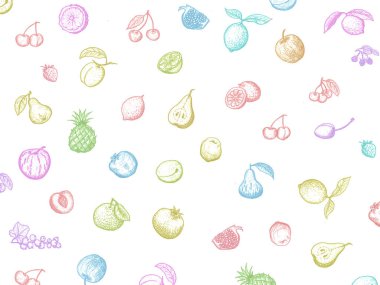Üstten Görünüm el çekilmiş renkli resimde. Sebze, meyve, ekmek, çilek elle çizilmiş. Organik Mama seti. Vejetaryen yiyecekler koleksiyonu. Meyve ve sebze kümesi doodle.