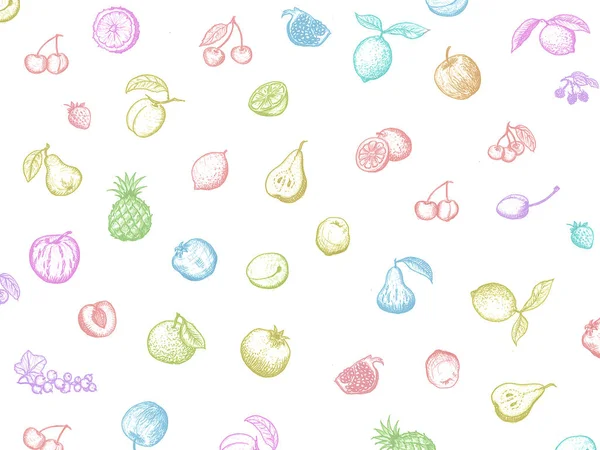 Top view hand drawn colorful illustration. Vegetables, fruits, bread, berries hand drawn. Organic food set. Vegetarian food collection. Fruits and vegetables doodle set.