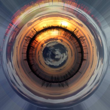 Dairesel Panorama-kara delik. Apocalypse. güç hatları ve bulutlar ile gökyüzü. Ekoloji sorunlarından fotoğrafçılara bakın. Alan ve hava hatları, karanlığı siluetleri. Fırtına öncesinde günbatımı. Madde.