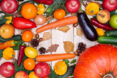 Üstten görünüm taze hasat sebze, meyve, ot. boşaltmak