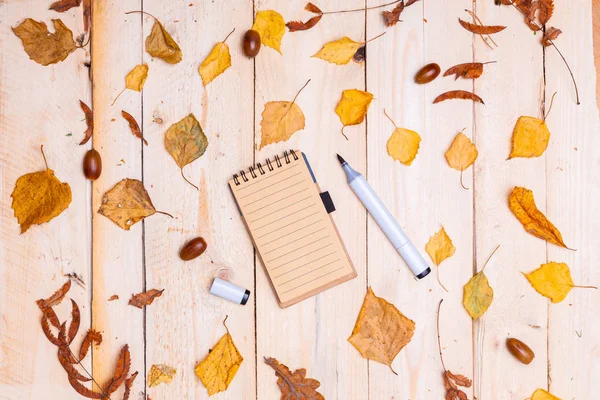 Spiral notepad in center of wooden desk with dry yellow leaves — Stock Photo, Image