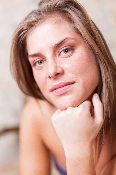Portrait of a young half naked woman with dreamy face — Stock Photo, Image