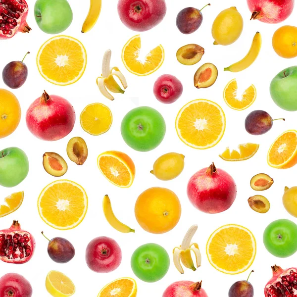 Apelsin, citron, plommon, banan, granatäpple, äpple, layout frukt. — Stockfoto