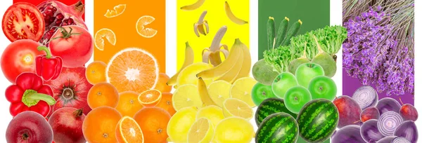 Gemüse Früchte Regenbogen Muster Hintergrund isoliert Kopierraum — Stockfoto