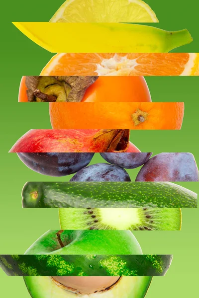 Rainbow colorful fruit stripe collection on green background — Stock Photo, Image