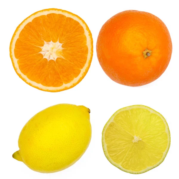 Cítricos. Naranja, limón y rodajas aisladas en blanco — Foto de Stock