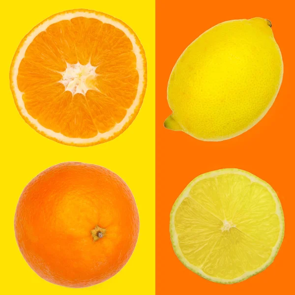 Cítricos. Naranja, limón y rodajas sobre fondo de color — Foto de Stock