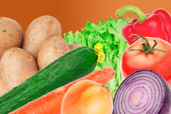 Högen av potatis, morot, tomat, letucce, lök gurka — Stockfoto