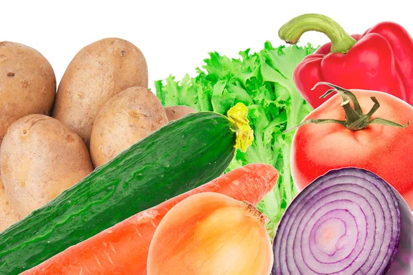 Kazık patates, havuç, domates, letucce, izole soğan salatalık — Stok fotoğraf