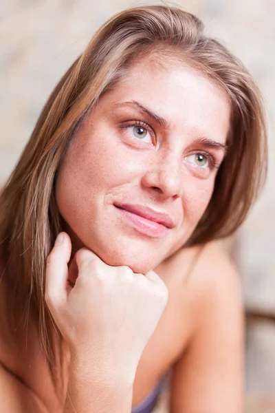 Portrait of a young half naked woman with dreamy face — Stock Photo, Image
