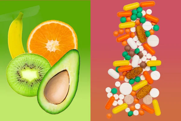 collage of Healthy foods and medicine concept. drug pills of different shape and size on red, various tropical fruits, sliced avocado, orange, kiwi, banana on green half background
