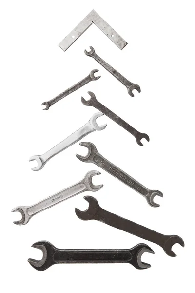 Christmas tree figure made of old rusty wrench isolated on white — Stock Photo, Image