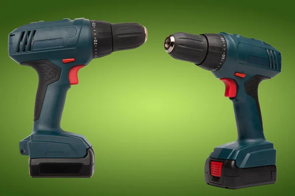 Cordless battery drill on gradient green with red buttons — Stock Photo, Image