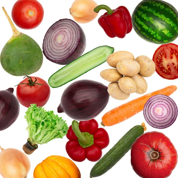 Verduras aisladas sobre fondo blanco vista superior collage — Foto de Stock