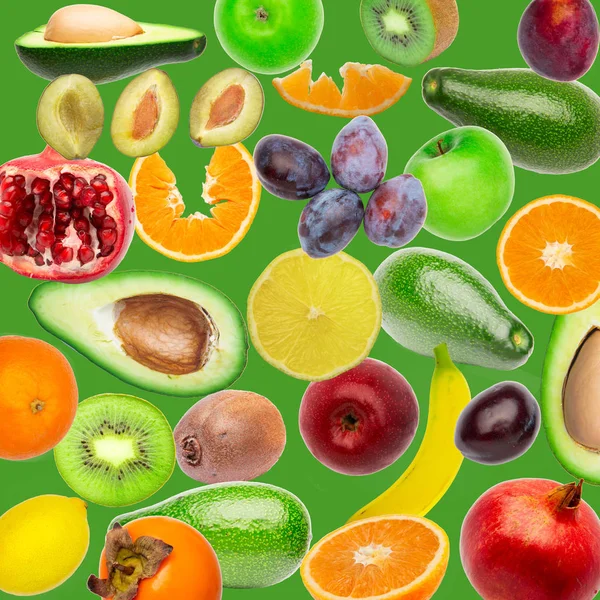 Frukt collage mönster av apelsin, citron, plommon, banan, granatäpple, äpple, layout frukt. — Stockfoto