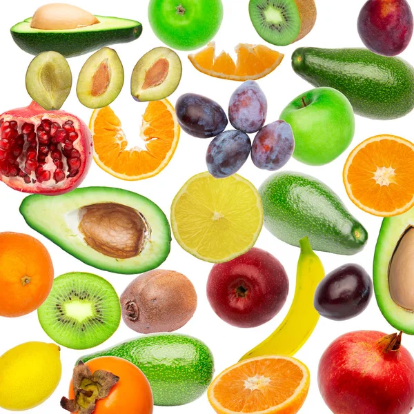 Kreativa Platt Layout Mönster Kollage Frukt Ovanifrån Avokado Apelsin Citron — Stockfoto