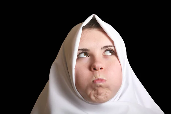 Young woman funny surprised nun in white, facial portrait — Stock Photo, Image