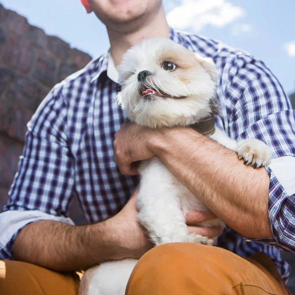 Hombre sonriente de moda sosteniendo pequeño perro blanco — Foto de Stock
